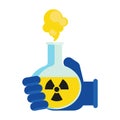 Hand in protective glove holding flask with toxic chemicals