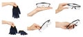 Hand with protective gloves and glasses, set and collection