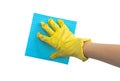 Hand in protective rubber glove holding cleaning rag, isolated on a white background photo Royalty Free Stock Photo