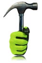 Hand with Protective Work Glove Holding an Old Steel Hammer Royalty Free Stock Photo