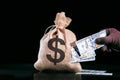 Hand pulls money, dollars out of the bag. Royalty Free Stock Photo