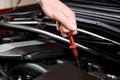 Hand pulls out oil dipstick in a clean car engine bay Royalty Free Stock Photo