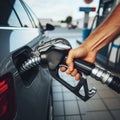 Hand Pumping Fuel into Gray Car at Gas Station Close Up of Gas Nozzle