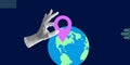 Hand with purple location marker over North America globe, indicating specific point. Symbolizes global navigation and