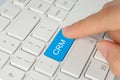 Hand pushing blue CRM button Royalty Free Stock Photo