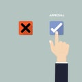 Hand pushing button with checkmark.Rejection and Approval decision concept.Hand, finger pressing buttons Rejection or Approval si Royalty Free Stock Photo