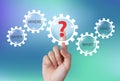 Hand pushing question mark icon with question words on touch screen Royalty Free Stock Photo