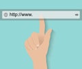 Hand pushing virtual search bar on turquoise background