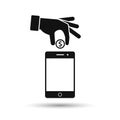 Hand put coin in phone icon. Billing, funding your account phone black icon. Vector illustration