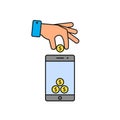 Hand put coin in phone icon. Billing, funding your account phone color icon. Vector illustration