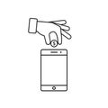 Hand put coin in phone icon. Billing, funding your account phone line icon. Vector illustration