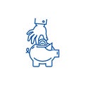 Hand put coin in pig bank line icon concept. Hand put coin in pig bank flat  vector symbol, sign, outline illustration. Royalty Free Stock Photo