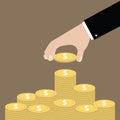 Hand put coin to money staircase. Profit. Making money. For business and finance concept. Royalty Free Stock Photo