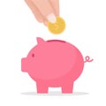 Hand put coin to piggy bank. crowd funding and savings concept. Vector flat cartoon illustration for web sites and banners design Royalty Free Stock Photo