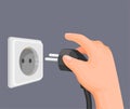 Hand put electric plug to socket outlet in wall. electricity energy saving symbol in cartoon illustration vector Royalty Free Stock Photo