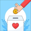 Hand put money coin in a charity box illustration for donation human care concept design