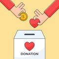 Hand put money coin and heart symbol in a charity box illustration for donation human care concept design Royalty Free Stock Photo