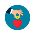 Hand put money into heart vector concept illustration in round. Invest in your health or love. Donation concept