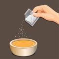 Hand put seasoning powder sachet to food bowl. cooking instruction symbol illustration vector