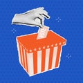 A hand puts a ballot into a ballot box. Trendy halftone collage with voter ballot box politics elections. Vector dotted