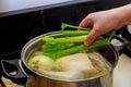 Hand puts celery in the pot with whole chicken Royalty Free Stock Photo