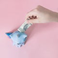 Hand puts a dollar in the moneybox kitten corn blue with a colorful rainbow tail with closed eyes and a unicorn horn on Royalty Free Stock Photo