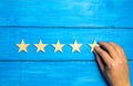 A hand puts the fifth wooden star on a blue background. The critic sets the quality rating. Five stars, the highest quality mark.