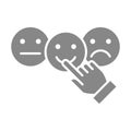 Hand puts happy, neutral, sad rating grey icon. Positive or negative feedback symbol.