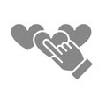 Hand puts three hearts rating gray icon. Customer satisfaction related symbol.