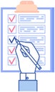 Hand puts tick in form, paper checklist on clipboard. Person filling out document with data