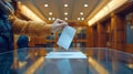 Hand putting a ballot into a voting box at a polling place. Female voter. Woman voting. Concept of democracy, elections Royalty Free Stock Photo