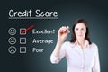 Hand putting check mark with red marker on excellent credit score evaluation form. Blue background. Royalty Free Stock Photo