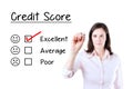 Hand putting check mark with red marker on excellent credit score evaluation form. Isolated on white. Royalty Free Stock Photo