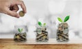 Hand putting coin in glass bottles with plants glowing, Saving money , investment and economize concept Royalty Free Stock Photo