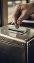 Hand putting coin into metal box Royalty Free Stock Photo