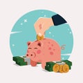 Hand putting coin in the piggy bank design vector illustration Royalty Free Stock Photo