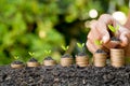 Hand putting coin on coin stack growing graph with green bokeh background,investment concept.tree growing on coin,Business Finance Royalty Free Stock Photo