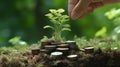 Hand putting coins with plant growing on coin stack over green blurred background. Business finance strategy, money