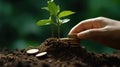 Hand putting coins with plant growing on coin stack over green blurred background. Business finance strategy, money