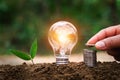 hand putting coins on stack with lightbulb and young plant growing on soil. concept saving energy and money Royalty Free Stock Photo