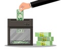 Hand putting dollar banknote in shredder machine Royalty Free Stock Photo