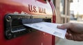 Hand putting letter in red mailbox Royalty Free Stock Photo