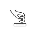 Hand putting money into Donate Box line icon