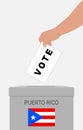 Hand Putting Paper In The Ballot Box. Vote In November To Decide Whether Puerto Rico Should Become A U.S. State