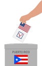 Hand Putting Paper In The Ballot Box. Vote In November To Decide Whether Puerto Rico Should Become A U.S. State