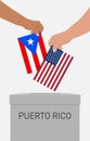 Hand putting paper in the ballot box. Vote in November to decide whether Puerto Rico should become a U.S. state
