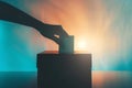 Hand putting vote into a ballot box. Generative AI