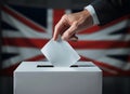 hand putting vote paper into ballot box, UK flag background. generative ai Royalty Free Stock Photo