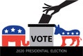 Hand putting voting ballot into vote box with Democrat Donkey and Republican Elephant