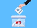 Hand putting voting blanc paper in vote box transparent, ballot campaign. Vector isolated illustration